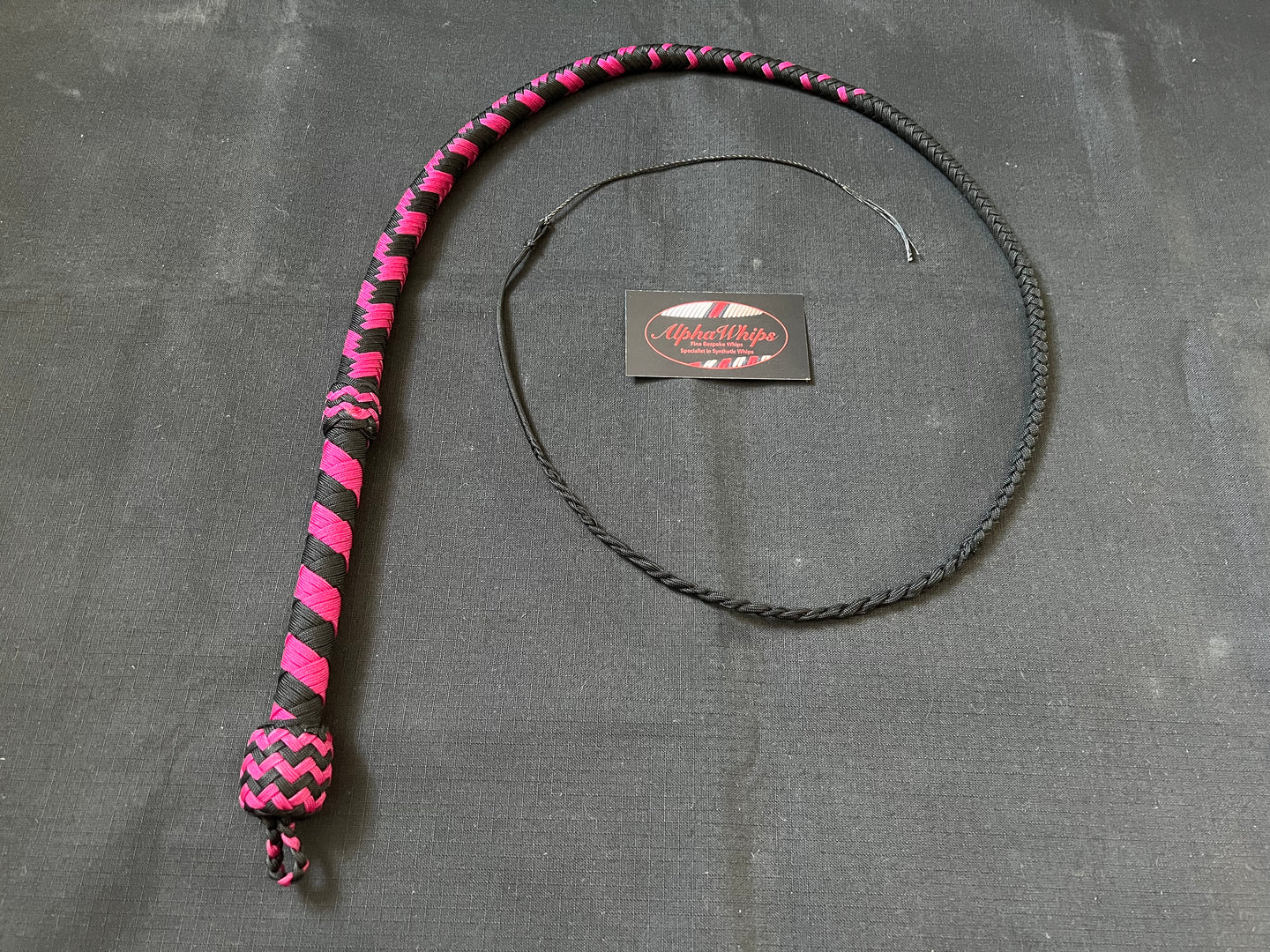 3ft, 12 plait, Junior Series Nylon Bullwhip, Black and Dark Pink, Tapered Chevron Pattern