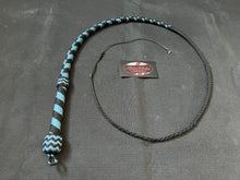 Load image into Gallery viewer, 3ft, 12 plait, Junior Series Nylon Bullwhip, Black and Carolina Blue, Tapered Chevron Pattern