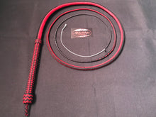 Load image into Gallery viewer, AlphaWhips 28 plait, Sport Series Nylon Paracord Bullwhip, 6 feet long. with Dyneema Fall, black and red side by side pattern.